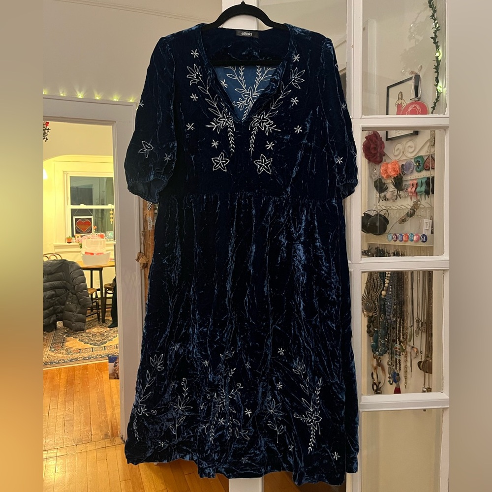 eShakti blue velvet embroidered dress
